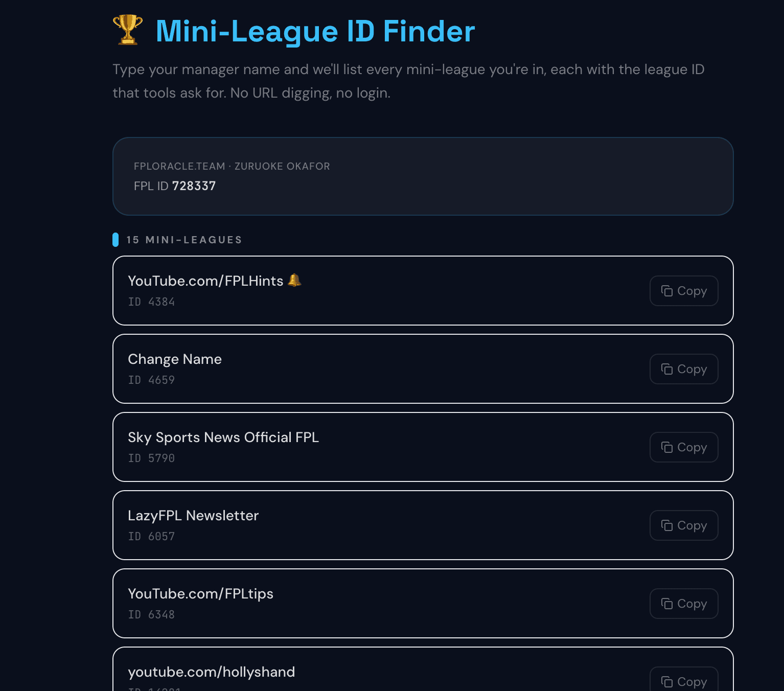 The FPL Oracle Mini-League ID Finder listing every mini-league a manager is in, each with its league ID